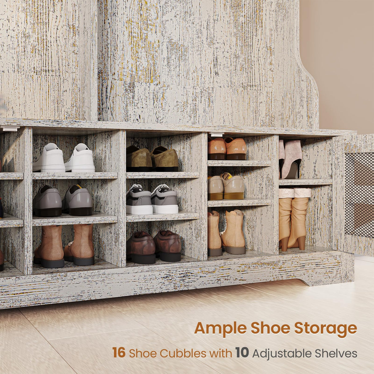 Itaar Hall Tree with Bench and Shoe Storage, 5-in-1 Entryway Bench with Coat Rack, 16 Shoe Cubbies & 12 Coat Hooks, Barn Door & Adjustable Shelf (Vintage White) Itaar