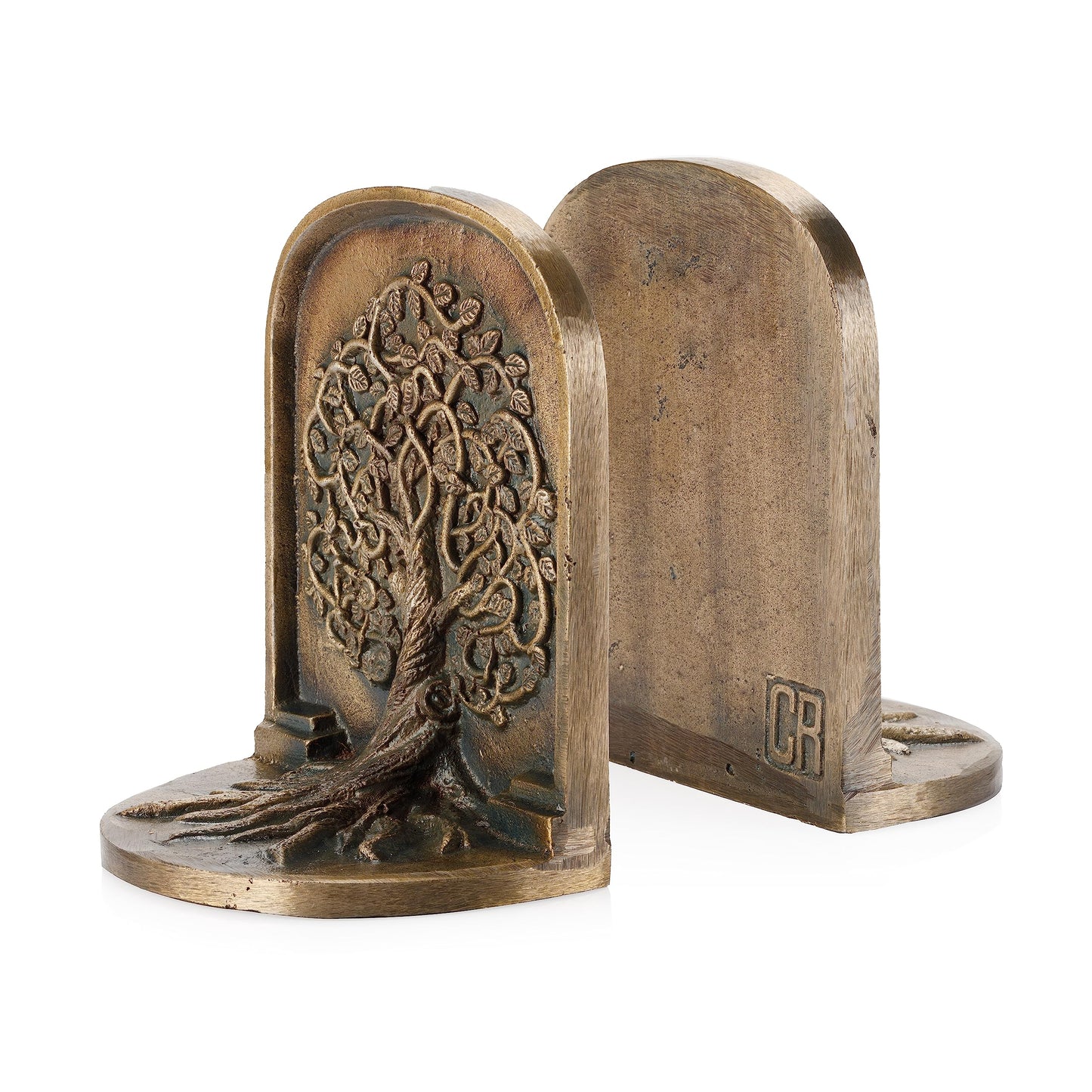 CRAFTSMAN ROAD Tree of Life Bookends, Antique Brass, 2 Decorative Bookends for Shelves or Bookcase, Cast Iron, Non-Skid Heavy Bookends, Home Décor Gift