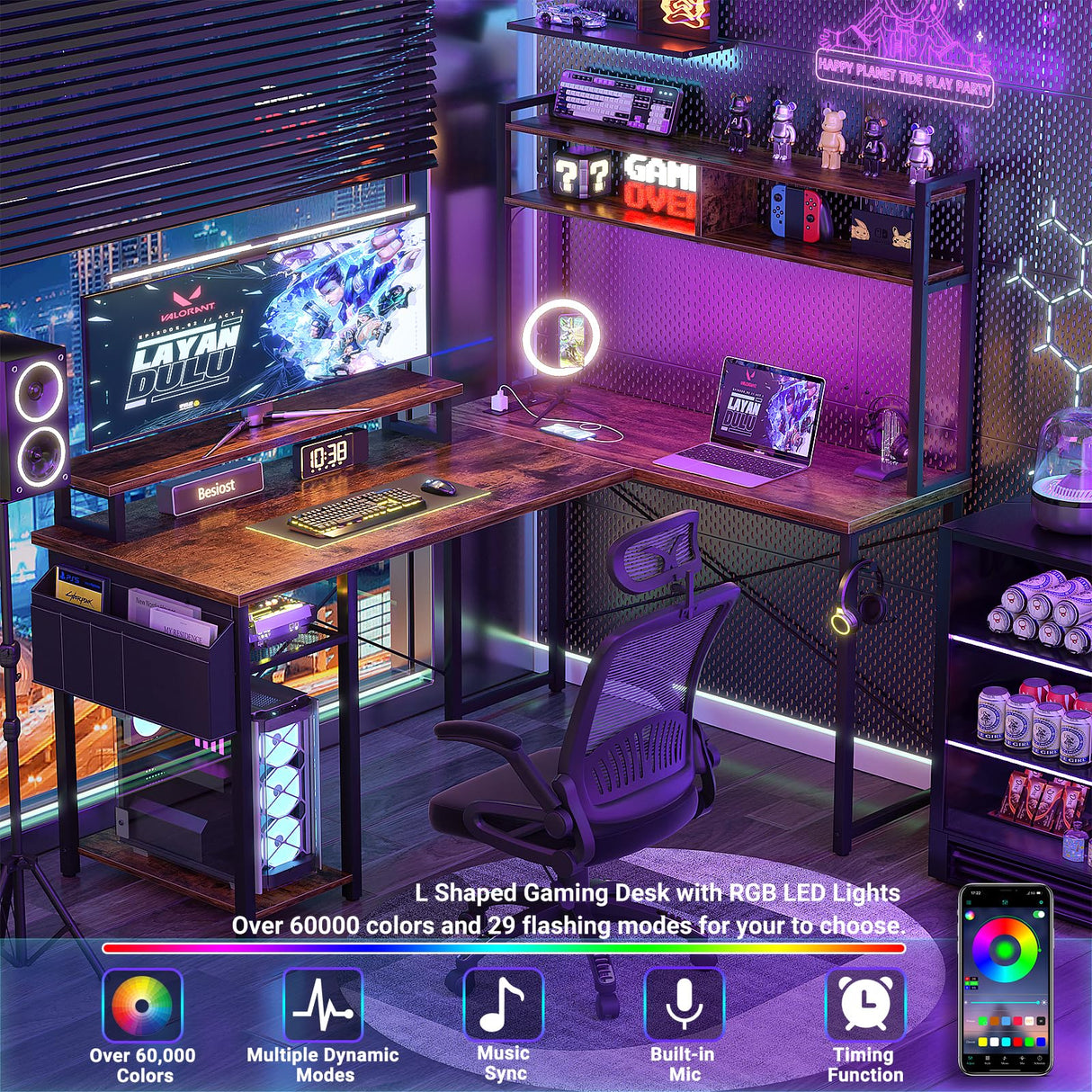 Besiost Small L Shaped Gaming Desk with Power Outlets, 48" Reversible L Shaped LED Computer Desk with Monitor Stand & Storage Shelf, Corner Gamer Desk Home Office Desk with Storage Bag, Rustic Brown Besiost