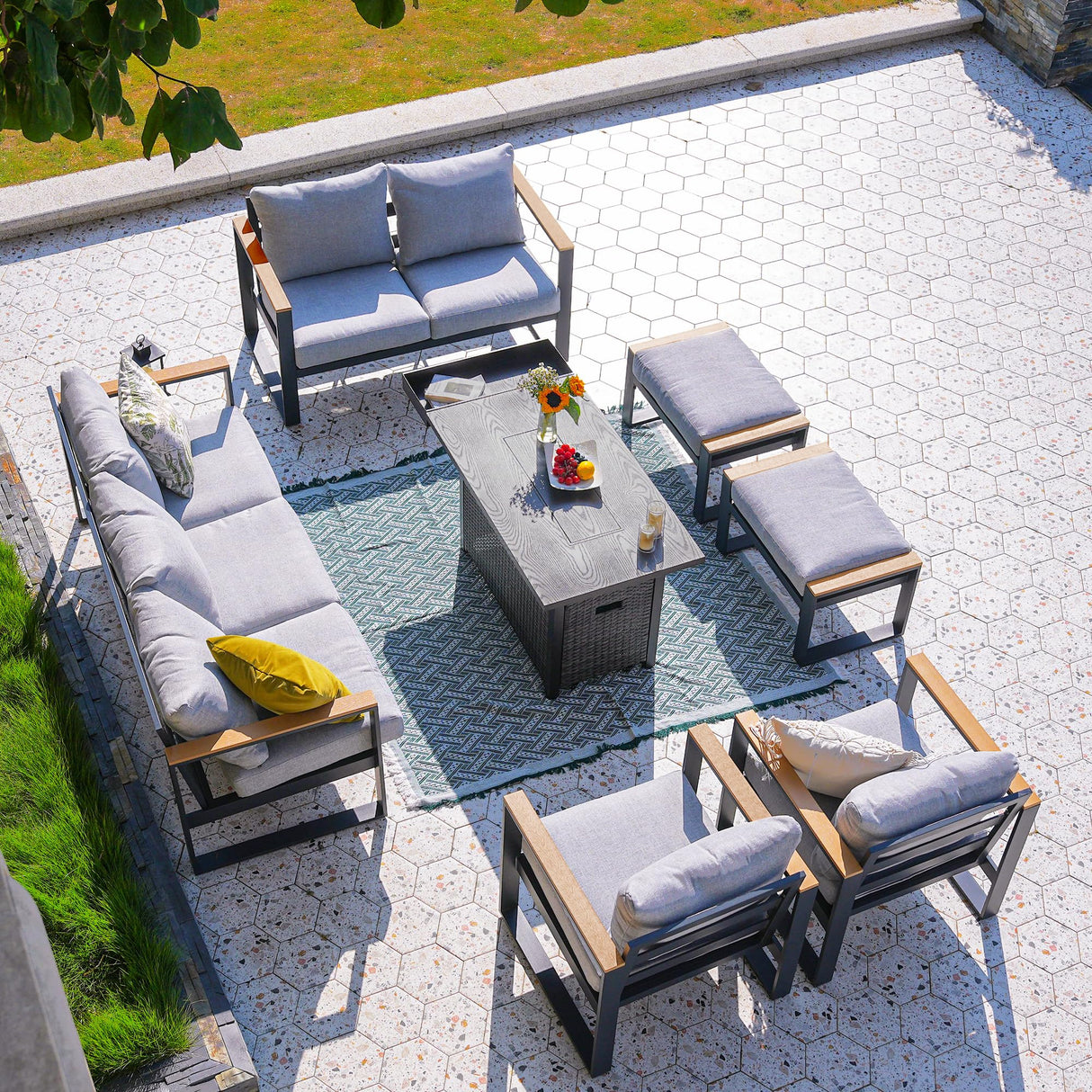 Sundale Outdoor Aluminum Patio Furniture Set w/Fire Pit, 7 Piece Modern Outdoor Furniture with 6 inch Cushion, Metal Patio Sectional Conversation Sets for Deck, Backyard, Porch (Grey) Sundale Outdoor