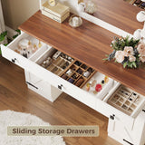 IRONCK Vanity Desk with Mirror and Lights, Farmhouse Makeup Vanity with Charging Station & Vanity Stool, Vanity Table with 3 Large Drawers and 2 Cabinets for Women Girls Bedroom, White IRONCK