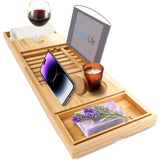 SereneLife Luxury Bamboo Bathtub Caddy Tray - Adjustable Natural Wood Bath Tub Organizer with Wine Holder, Cup Placement, Soap Dish, Book Space & Phone Slot for Spa, Bathroom & Shower SLBCAD20 SereneLife