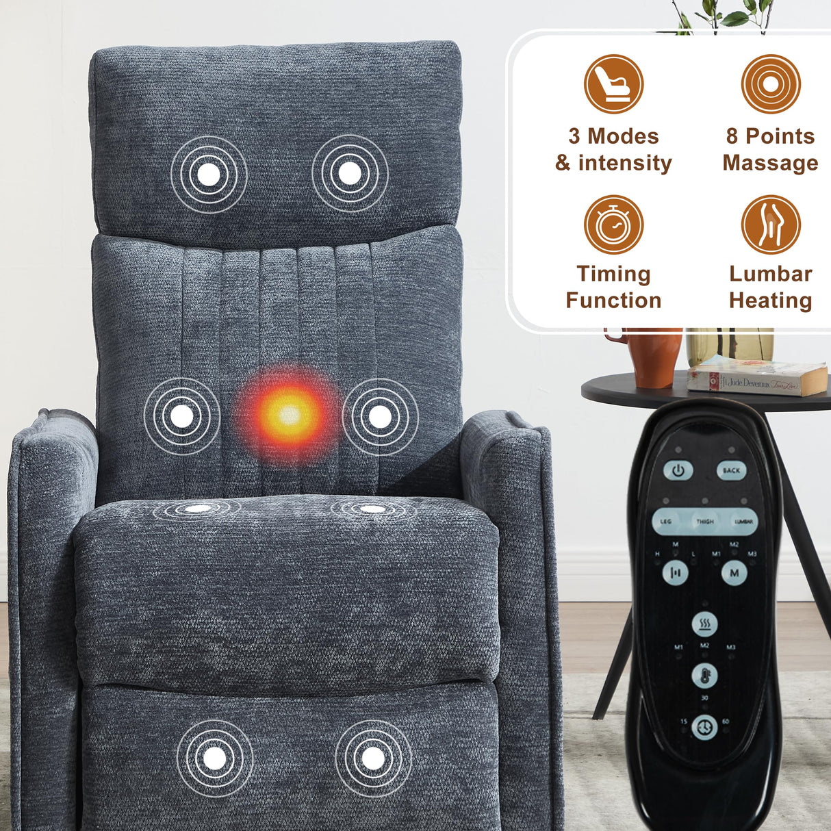 Manual Swivel Rocker Recliner Chair for Adults, Overstuffed Recliner Glider with Massage and Heat, Living Room Reclining Chair, Fabric Blue Luxlen