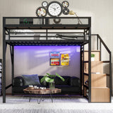 Queen Loft Bed with Stairs and Wardrobe, Queen Size Loft Bed with Charging Station, Lights and Bedside Shelf, Heavy Duty Loft Bed Frame for Adults, Teens, Kids, Noise Free, Natural Wood Bellemave