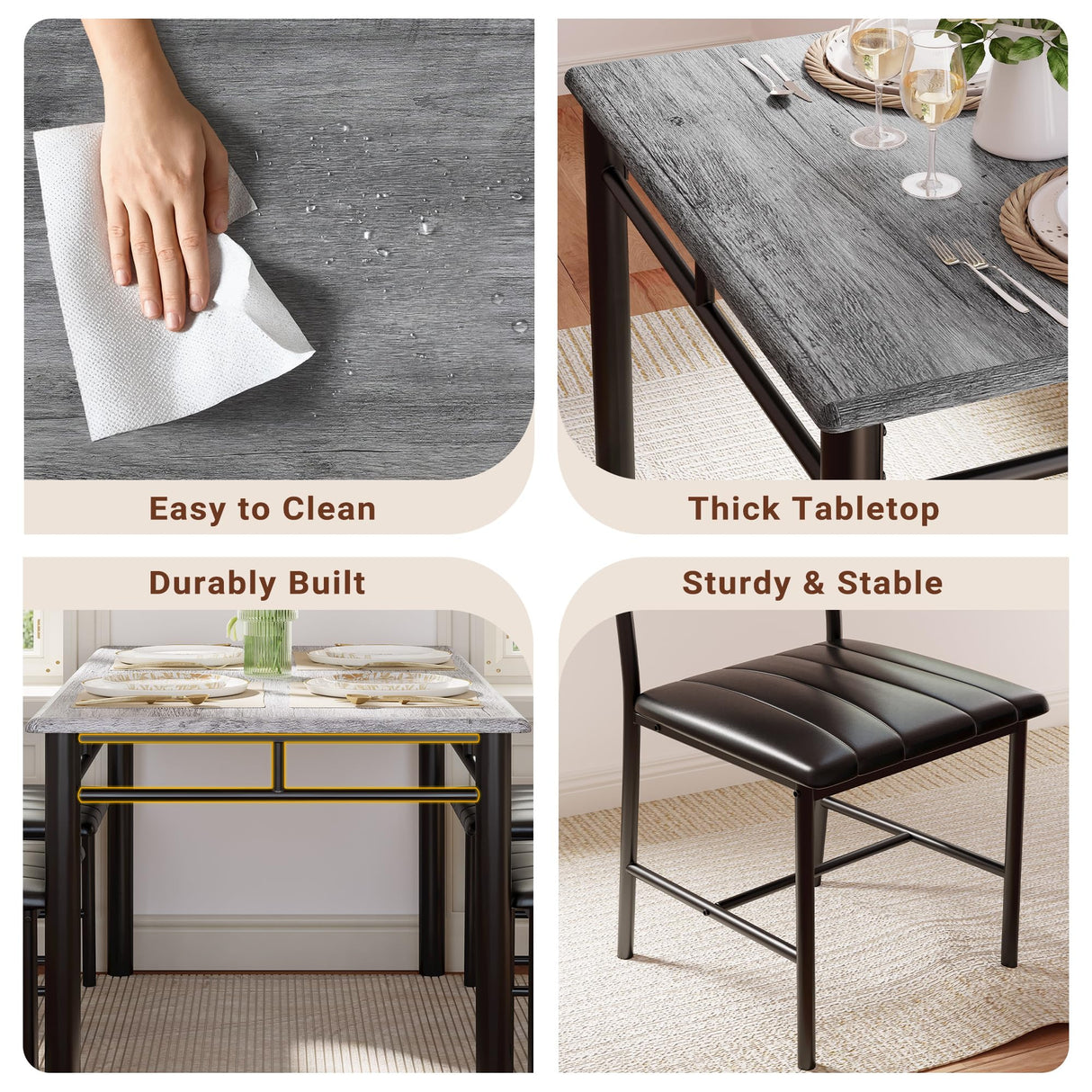 IRONCK Dining Table Set for 4, Wood Kitchen Table with Upholstered Chairs for Kitchen Room and Small Spaces, Grey IRONCK