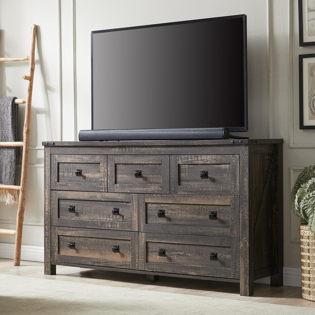 RedLemon Farmhouse 7 Drawer Dresser for Bedroom, 54 Inch Wide Rustic Wood Dresser TV Stand, Dresser Chest of Drawers for Closet, Living Room, Hallway, Dark Rustic Oak RedLemon