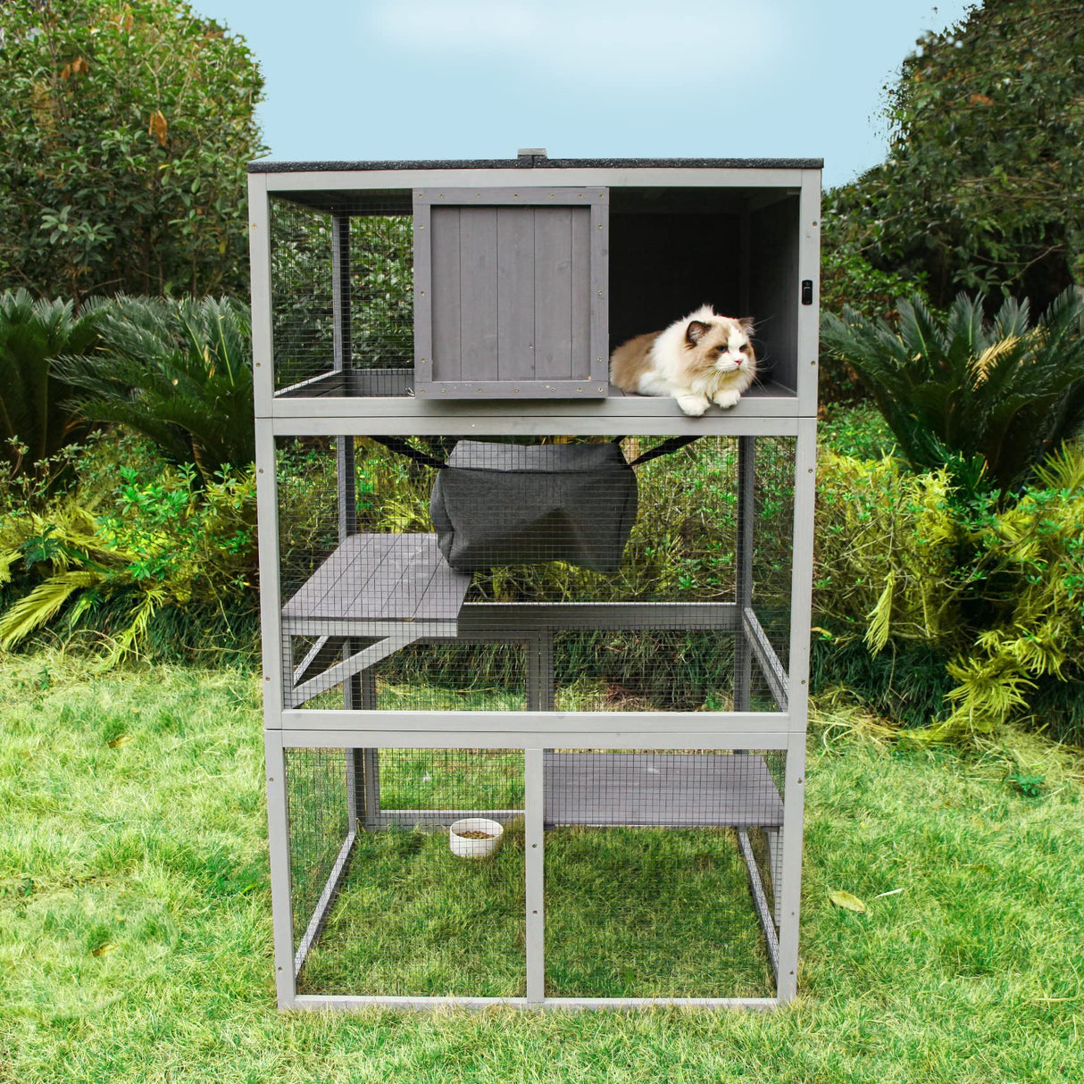 X-ZONE PET Catio Wooden Cat House, Outdoor 3 Floors Cat Enclosure, Indoor Large Kitten playpen with Hammock & Resting Box, Cat Cage Waterproof Roof X-ZONE PET