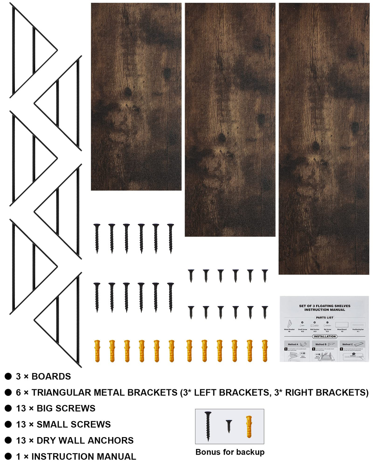 BAYKA Wall Shelves for Bedroom Decor, Floating Wall Shelves for Living Room Kitchen Storage, Wall Mounted Rustic Wood Floating Shelves for Kids Books, Small Shelf for Bathroom(Rustic Brown，Set of 3) BAYKA