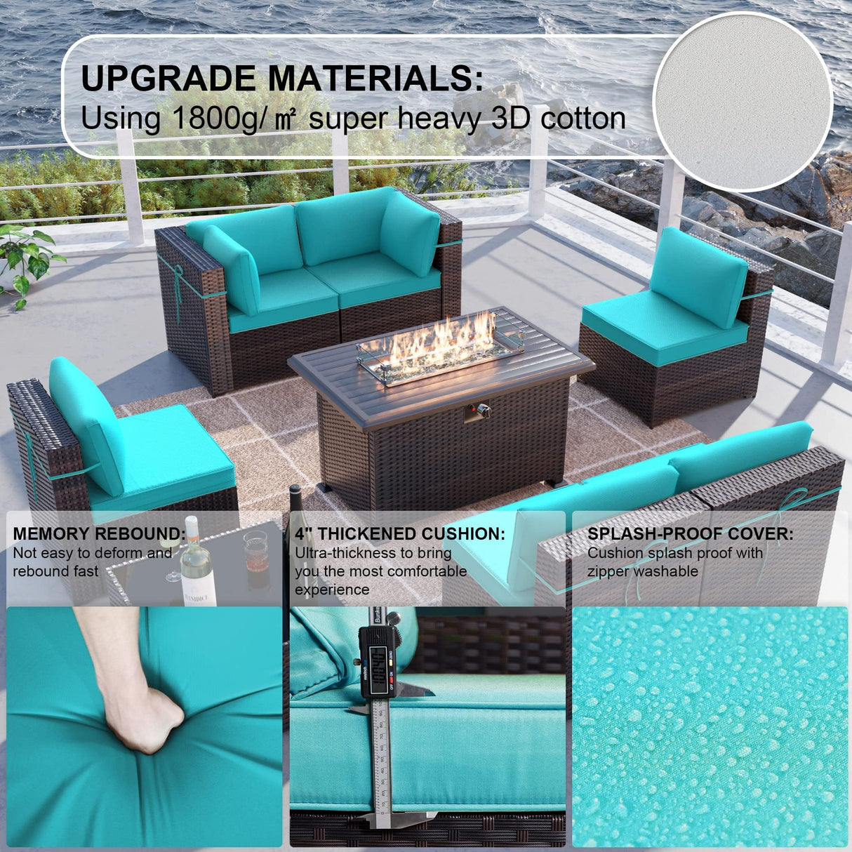 Kullavik 8 Pieces Outdoor Patio Furniture Set,Sectional Sofa Set with 43" 55000 BTU Gas Propane Fire Pit Table,Brown PE Rattan Wicker Patio Conversation Set,Turquoise Blue Kullavik