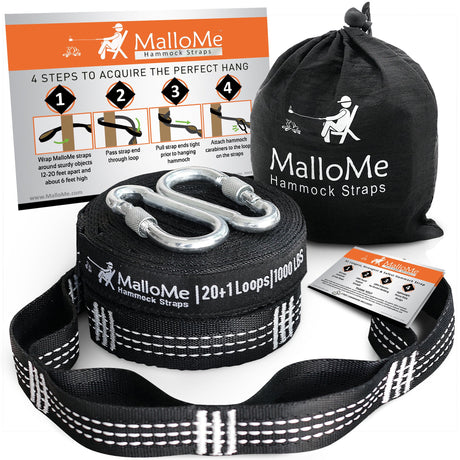 MalloMe XL Hammock Straps for Trees - Hammock Tree Straps Set 2000+ LBS Heavy Duty 40 Loops & 100% No Stretch Suspension System Kit - Camping Hammocks Accessories | 2 Carabiners | 12 Feet Black MalloMe
