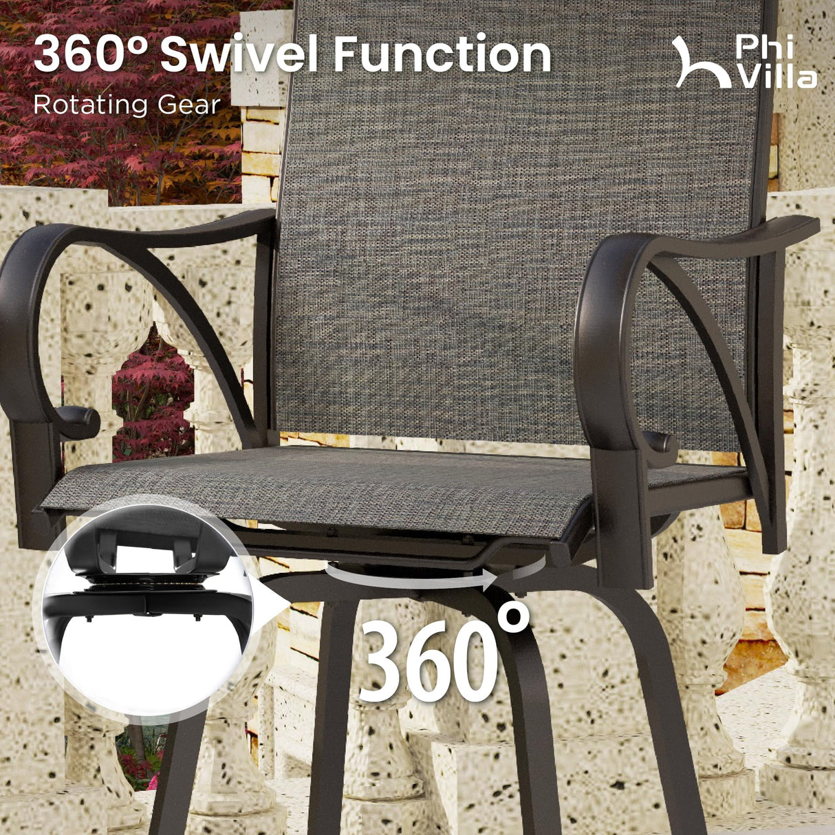 PHI VILLA 5 Piece Outdoor Bar Set, High Top Patio Table and Chairs with 4 Swivel Bar Stools (Grey) & Square Bar Bistro Table for Garden, Yard PHI VILLA