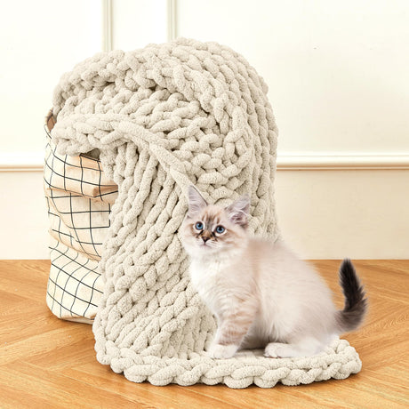 Admitrack Chunky Knit Blanket Throw 51"x63", 100% Hand Knit Chenille Throw Blanket for Sofa & Home Decor, Soft and Cozy Knitted Throw Blankets (Ivory，51"x63") Admitrack