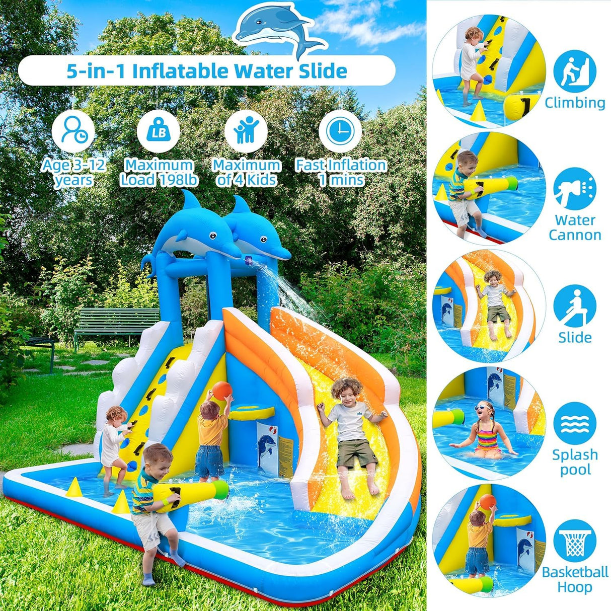 TOAOB Inflatable Water Slide,5 in 1 Dolphin Inflatable Bounce House for Kids- Climbing Wall Splash Pool Water Cannon Basketball Rim - 480W Blower - for Indoor Outdoor Backyard Birthday Party TOAOB