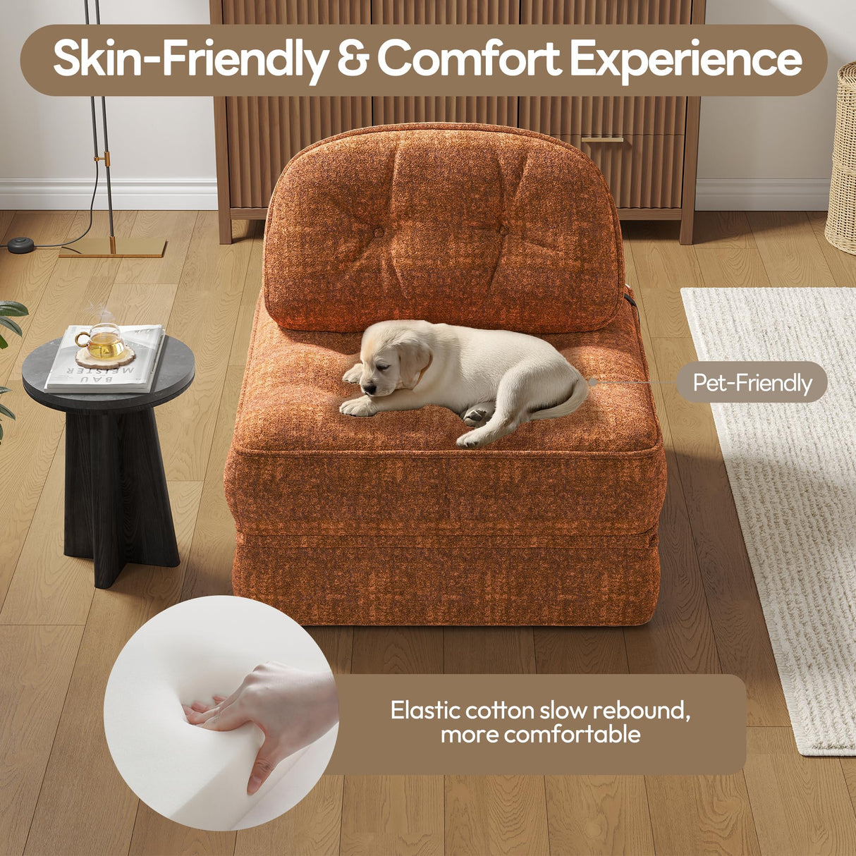 Dowinx Folding Sofa Bed with Pillow, Convertible Comfy Couch Bed for Adults Home Lounge and Gaming, Modern Comfortable Design for Apartment Living Room Bedroom, Single, Smooth Velvet, Amber Brown Dowinx