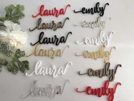 Gold Wedding Place Cards Personalized Acrylic Laser Cut Names Place name settings Guest name tags Wedding Signs Calligraphy Modern New Font Wood Decorations Wooden Centerpieces Dinner Party Decor FranJohnsonHouse