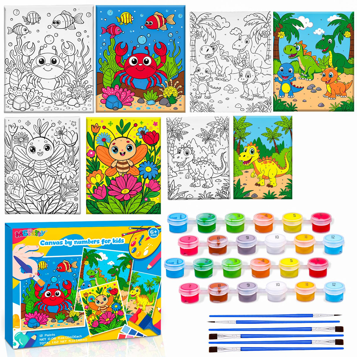 4 Pack Paint by Numbers for Kids Ages 6-8 8-12, Pre-Drawn Canvas Painting Kit with 12 Acrylic Paints & 8 Brushes, DIY Canvas Art Kits for Kids Painting Activities, Classroom Crafts, Wall Decor MGparty