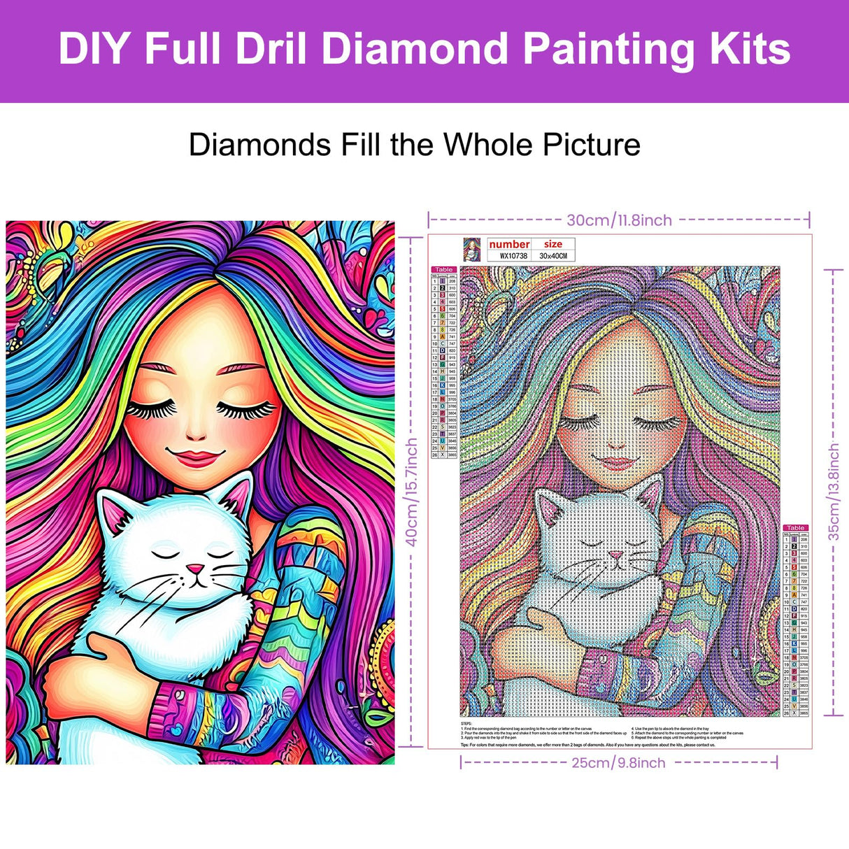 HEIBAGO Rainbow Diamond Art Kits for Adults, 5D Full Drill Round White Cat Painting Gems with Cute Diamond Painting, Diamond Dots Perfect for Home Wall Decor 12x16inch HEIBAGO