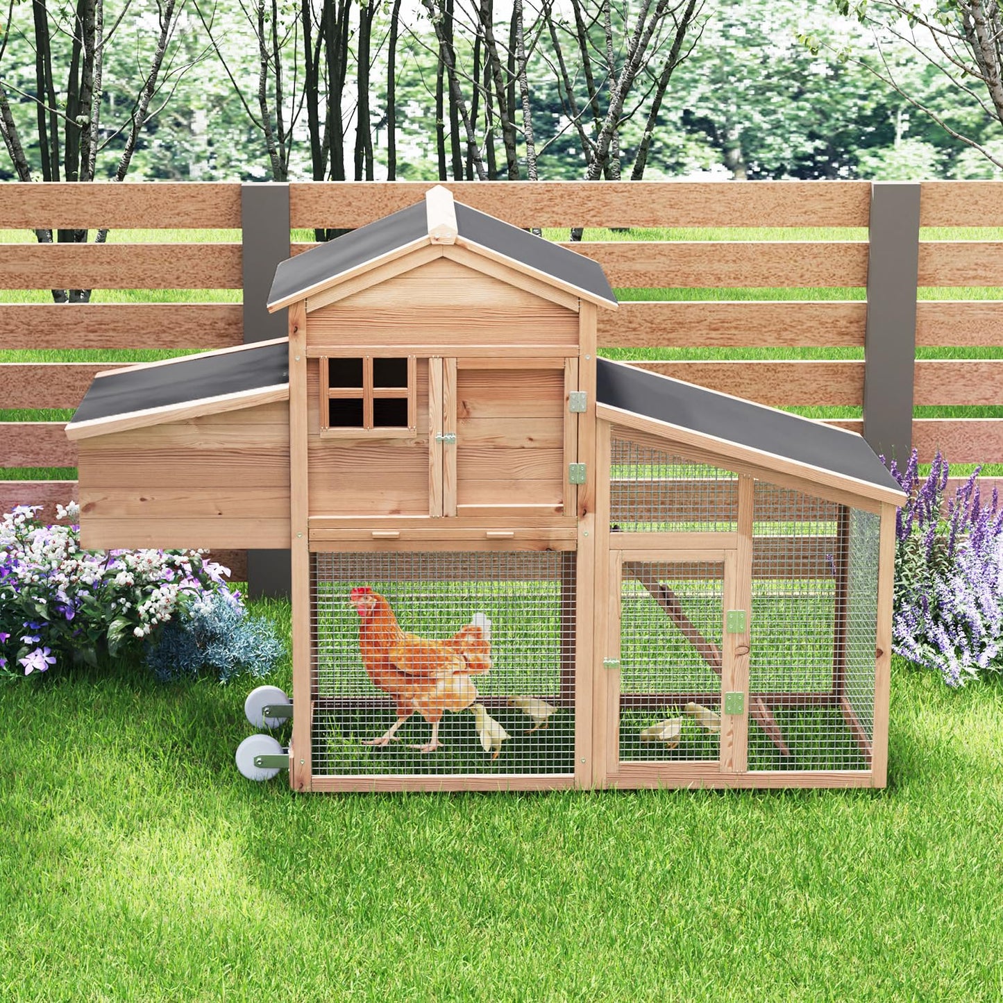 SOCOME 62.99" L Wooden Chicken Coop, Movable Large Pet Hutch On Wheels, Two Story Hen House with Nesting Box Leakproof Pull-on Tray, and Waterproof Roof Panel, for Guinea Pig,Rabbit,Chicks,Duck