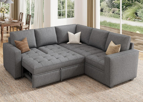 HONBAY Modular Sectional Sleeper Sofa with Pull Out Bed, Linen Convertible L Shaped Sectional Couch with Storage Seat, Sectional Couches for Living Room,Grey HONBAY