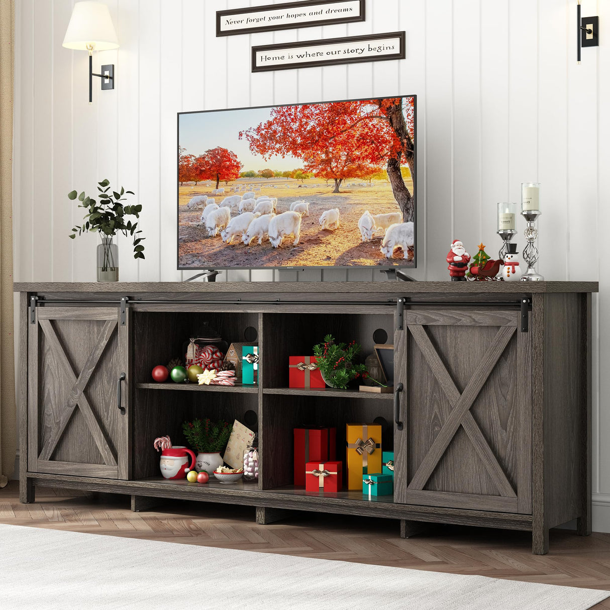70In Farmhouse TV Stands for 70 75 80inch TV w/Adjustable Shelves,Sliding Barn Door.Rustic Wooden Entertainment Center,TV Console Grey Cabinet w/Storage for Bedroom Living Room(Dark Grey 70in) Elibeauty