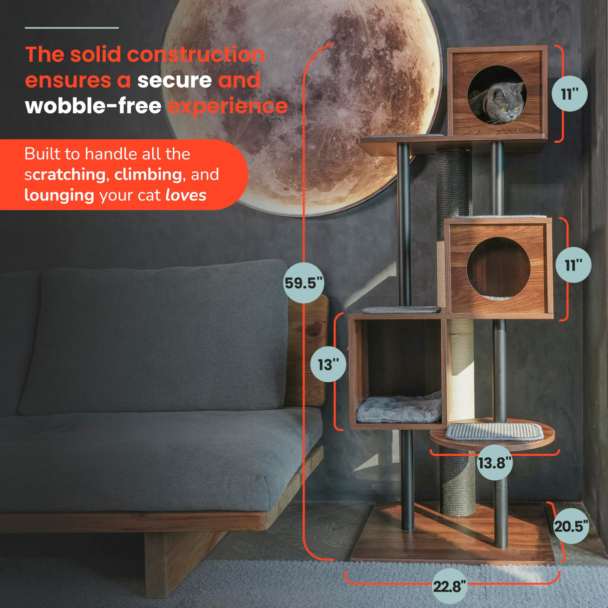 KONELCARE Modern Cat Tree-Sleek Wooden Furniture-Style Tower(60") Blends with Home Decor, Tallest Scratching Post(48"), 3 Cat Condos for Multi-Cat Harmony & Comfort KONELCARE