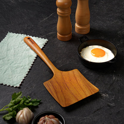 Fiodio Home Teak Wide Wooden Spatula with Microfiber Cloth - Natural Non-Stick Healthy Kitchen Utensils - Handcrafted with Comfort Grip