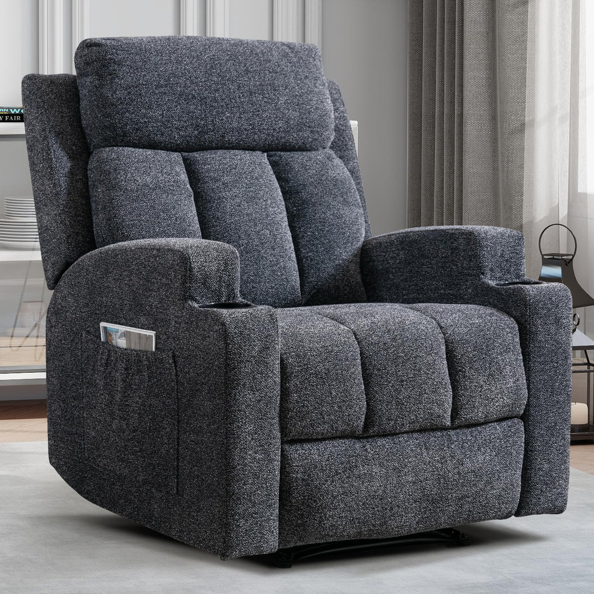CANMOV Manual Massage Heat Recliner Chair Set of 2,Soft Fabric Recliner Chair with Overstuffed Arm and Back, Manual Reclining Single Sofa with 2 Cup Holders, Side Pocket for Living Room,Dark Grey CANMOV