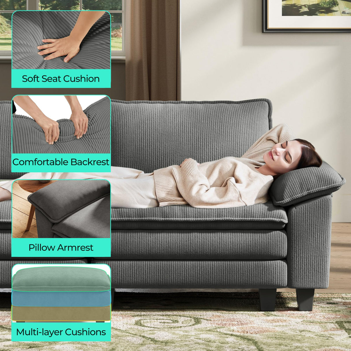 LINSY HOME Modular Sectional Sofa Couch Corduroy Cloud Couches for Living Room, V-Shaped Cloud Couch Sectional Sofas for Bedroom and Apartment, Grey LINSY HOME