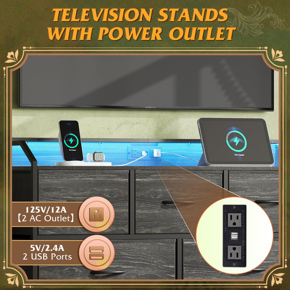 WLIVE Led Dresser for Bedroom, TV Stand for Bedroom with LED Lights and Power Outlet, Wide Chest of Drawers for Hallway, 8 Fabric Drawers for Living Room and Entryway, Charcoal Black Wood Grain Print WLIVE