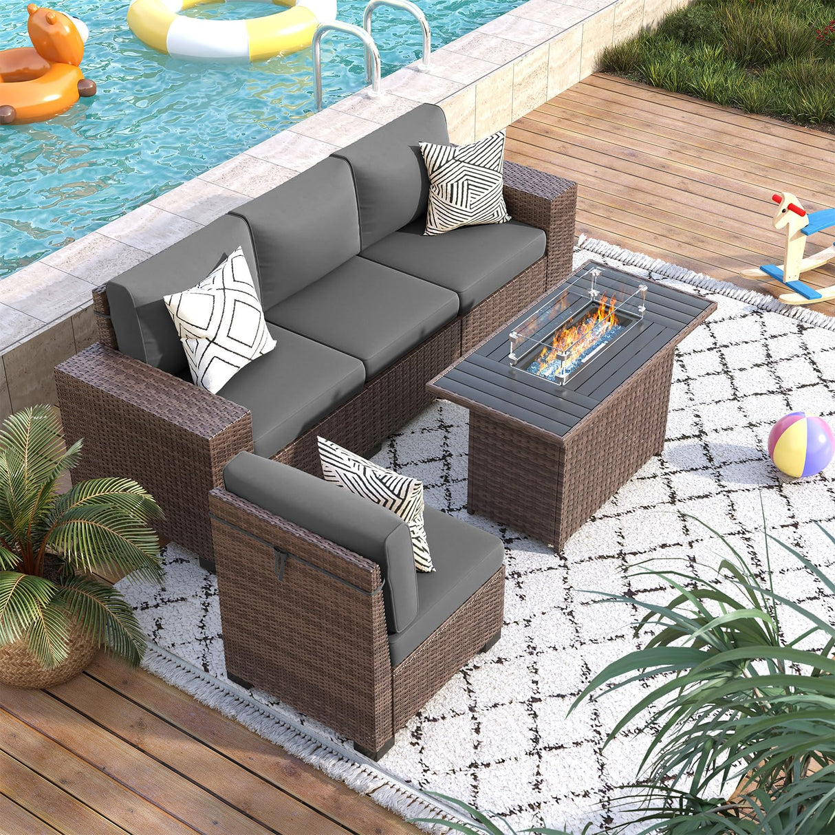 VONZOY 5 Piece Patio Furniture Set with Fire Pit Table, Outdoor Sectional Conversation Sets Brown Wicker Rattan Sectional Sofa for Patio Garden Backyard, 4'' Thickened Cushion Dark Grey VONZOY