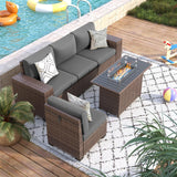VONZOY 5 Piece Patio Furniture Set with Fire Pit Table, Outdoor Sectional Conversation Sets Brown Wicker Rattan Sectional Sofa for Patio Garden Backyard, 4'' Thickened Cushion Dark Grey VONZOY