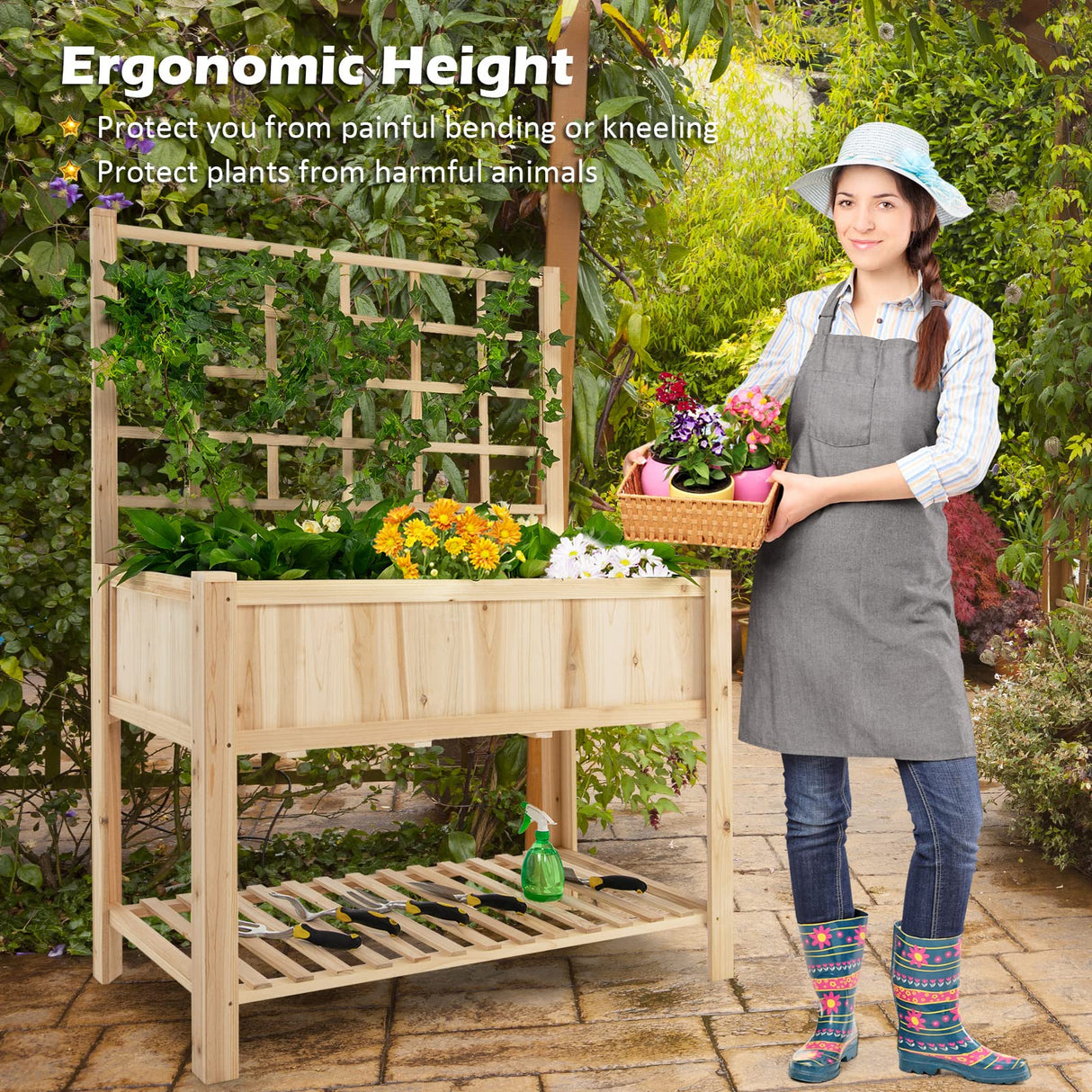 Giantex Wood Planter with Trellis, Standing Raised Garden Bed, Liner Storage Shelf, Elevated Plant Box Stand for Climbing Flower Vegetable Herb, Indoor Outdoor Patio Lawn Balcony Giantex