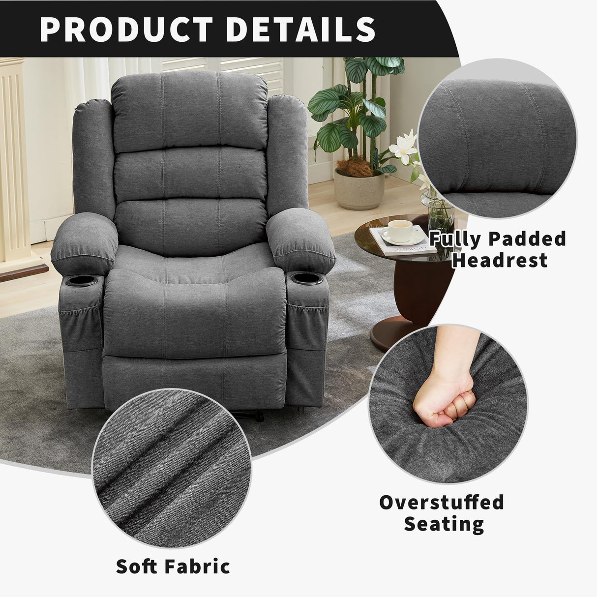 Oversized Recliner Chair for Adults Widen Overstuffed Breathable Fabric Lounge Chair with 3 Modes, 2 Cup Holders & Side Pockets Plush Chenille Reclining Sofa for Living Room PtioHavn
