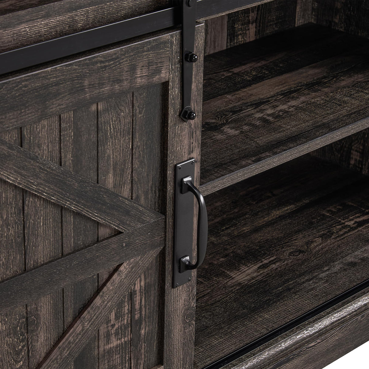 OKD Farmhouse TV Stand for 65+ Inch TV, 33" Tall Highboy Entertainment Center w/Sliding Barn Door, Rustic Media Console w/Storage Shelves, Wood Television Stand for Living Room, Dark Rustic Oak OKD