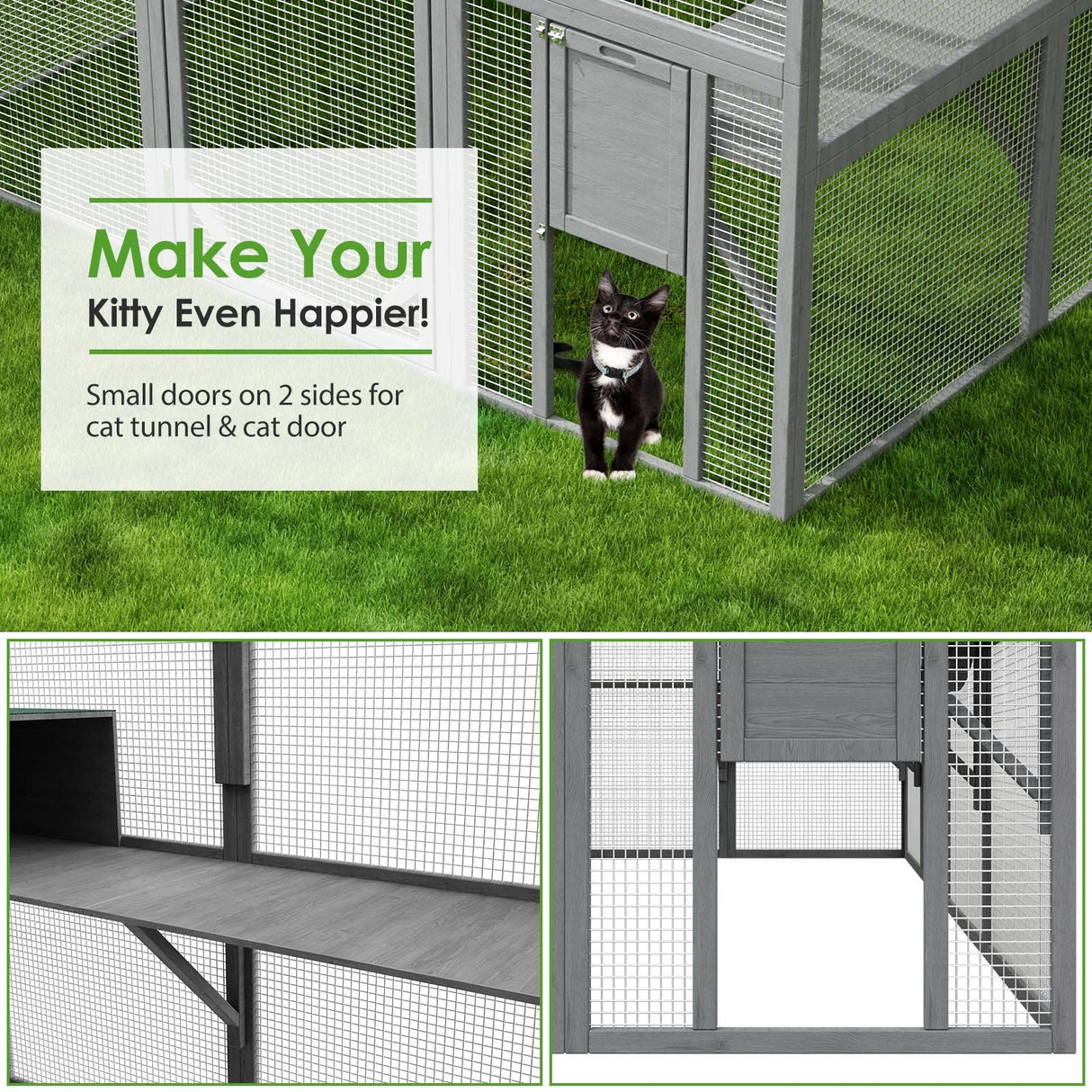 Lovinouse Large Wooden Outdoor Cat House, 57.2ft² Cat Run Enclosure Walk in Catio Kitten Condo with 2 Doors, 2 Playpen & Hiding Houses, Bridges, Walks, Roof Cover, Gray Lovinouse