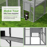 Lovinouse Large Wooden Outdoor Cat House, 57.2ft² Cat Run Enclosure Walk in Catio Kitten Condo with 2 Doors, 2 Playpen & Hiding Houses, Bridges, Walks, Roof Cover, Gray Lovinouse