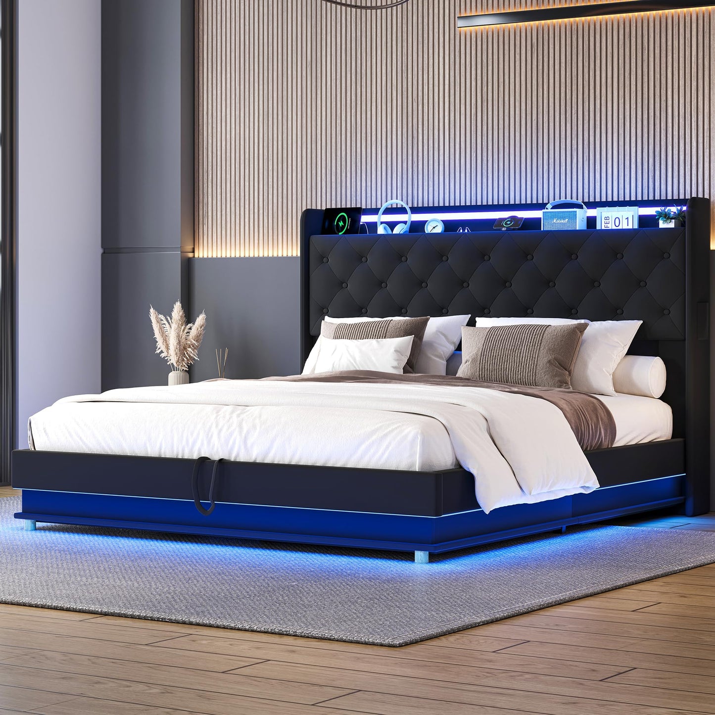 Ailisite Full Size Hydraulic Lift Storage Bed Frame with USB Charging Station & LED Lights in Black - WoodArtSupply