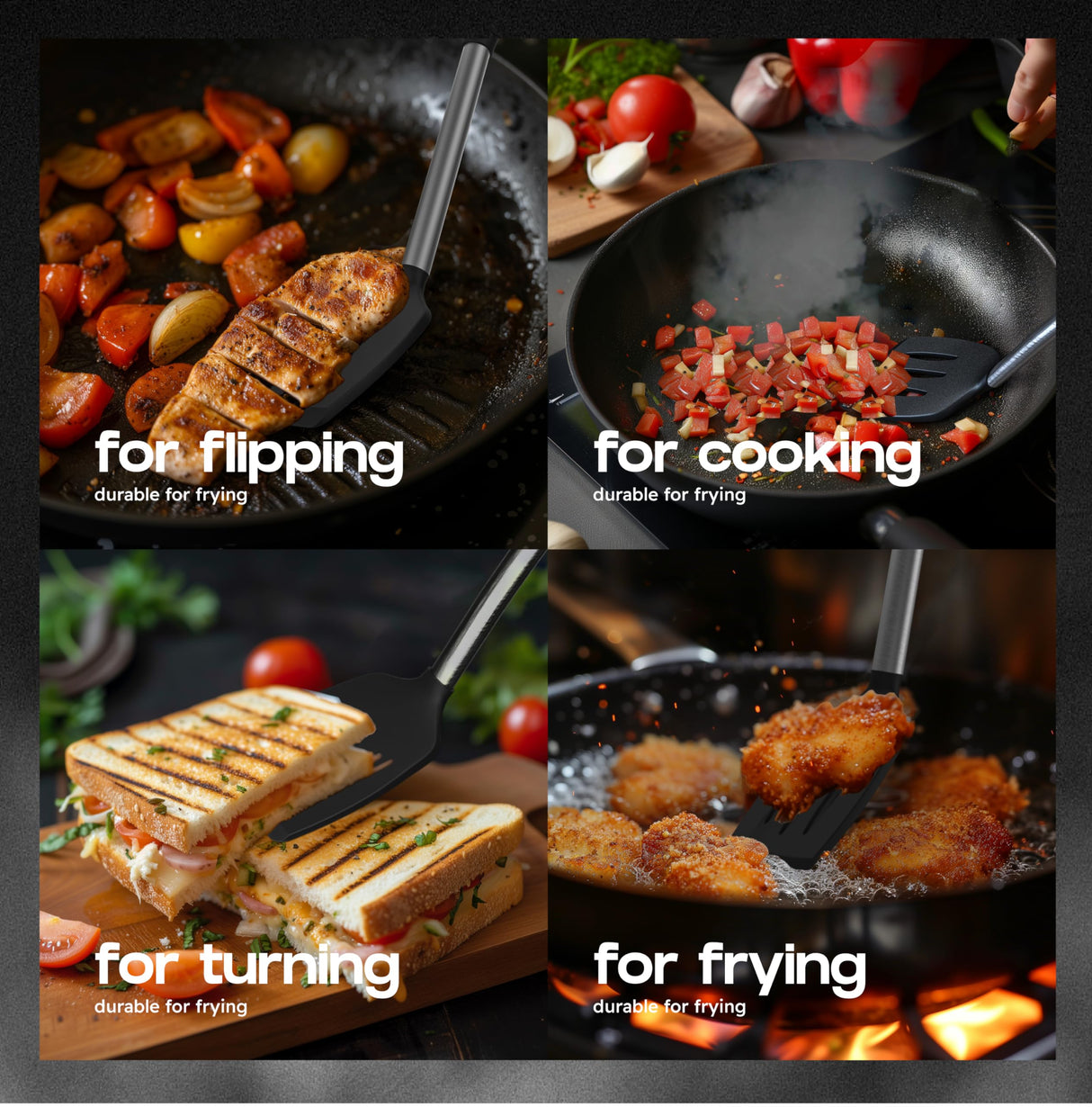 BakeRoyal Silicone Spatula Set - Turner Spatulas Silicone Heat Resistant 600°F - Slotted & Solid Silicone Spatulas for Cooking Fish, Eggs, Pancakes Flipper – Silicone Cooking Utensils Set – Black BAKEROYAL