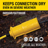 VoltShield 70 ft 12/3 SJTW Heavy Duty All-In-One Weather Protection Extension Cord, Water, Weather & Kink Resistant, Flame Retardant, Yellow, 3 Prong Grounded Plug, Locks Cord Preventing Disconnection VoltShield