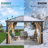 YITAHOME 10x12ft Hardtop Gazebo with Nettings and Curtains, Heavy Duty Galvanized Steel Outdoor Vertical Stripes Roof for Patio, Backyard, Deck, Lawns, Brown YITAHOME