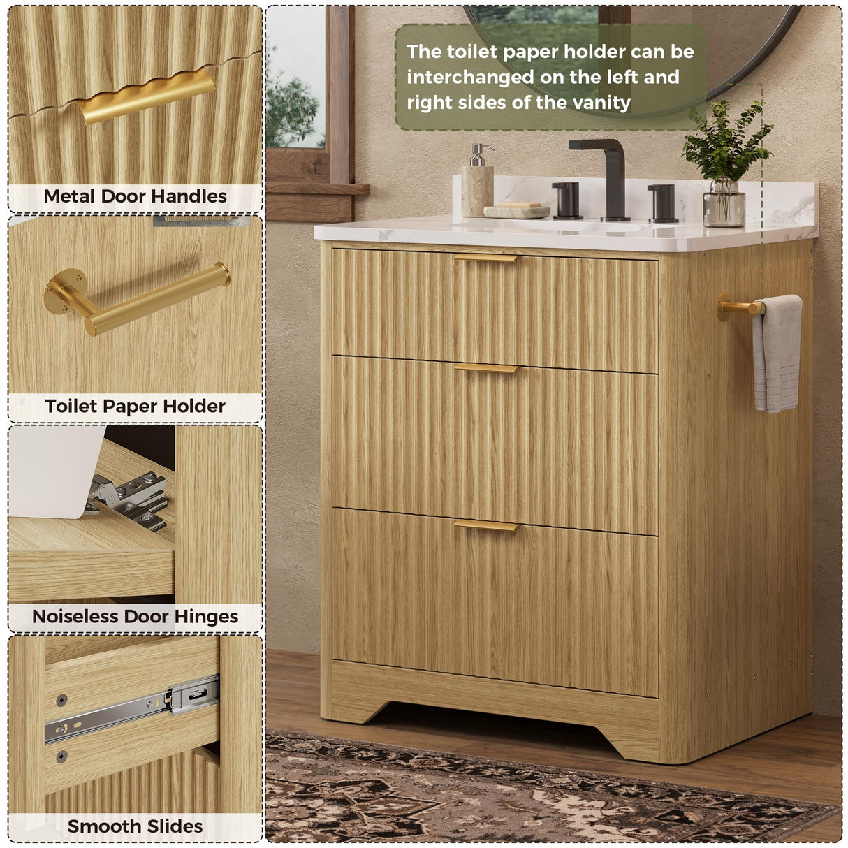 IRONCK 30" Bathroom Vanity with Ceramic Sink, Freestanding Bathroom Sink Cabinet with 2 Drawers & 1 Flip-Down Drawer, Wood Grain Texture, Farmhouse IRONCK