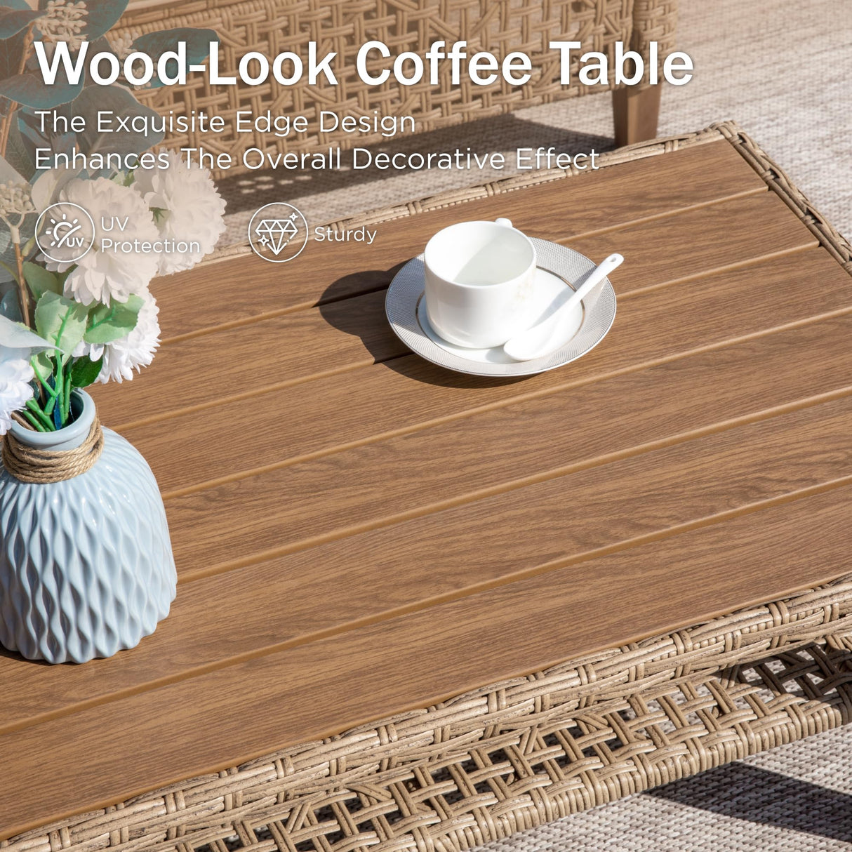 PHI VILLA Wicker Patio Furniture Set, L-Shaped Small Patio Conversation Set, Sectional Outdoor Sofa with Cushions and Acacia Wood Coffee Table, 4 Seats, Beige PHI VILLA