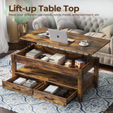 Rolanstar Coffee Table, 47.2" Lift Top Coffee Table with Drawers and Hidden Compartment, Retro Central Table with Wooden Lift Tabletop, for Living Room, Rustic Brown Rolanstar