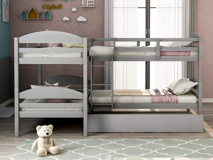 Harper & Bright Designs Quad Bunk Bed with Trundle, L Shaped Bunk Bed for 4 Kids, Wooden Twin Bunk Bed Frame for Kids Teens Adults (Gray)