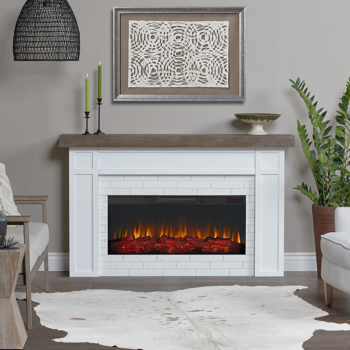 Real Flame Cravenhall Landscape Electric Fireplace with Mantel for Living Room or Bedroom, Replaceable Fireplace Insert Heater, Realistic Log and Flame Effect, Remote Control, Timer, White Real Flame