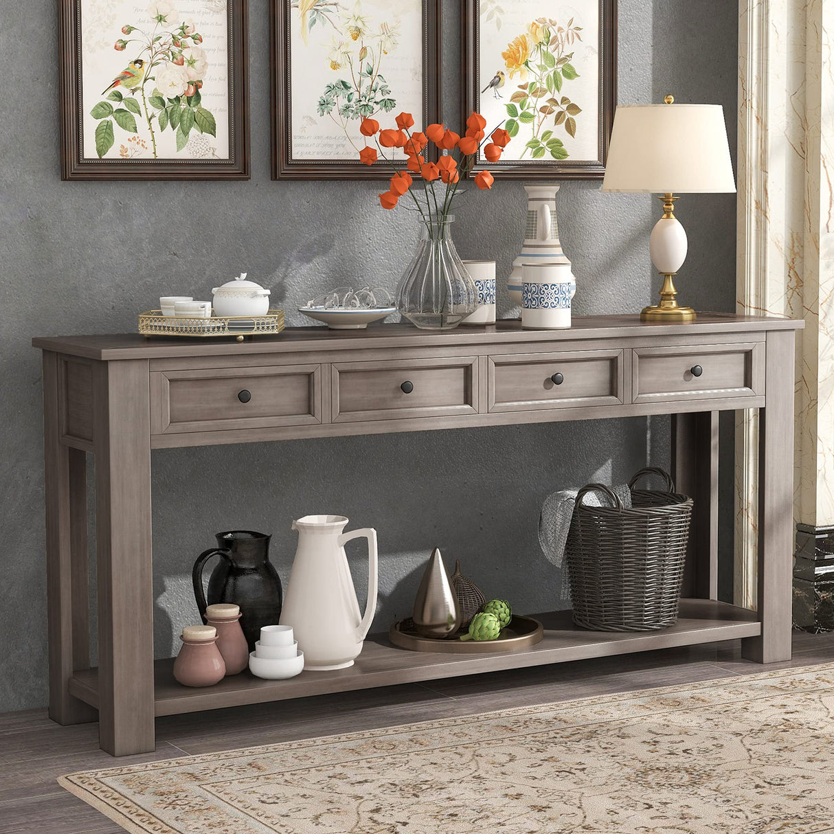 P PURLOVE Console Table for Entryway Hallway Sofa Table with Storage Drawers and Bottom Shelf (Gray Wash) P PURLOVE