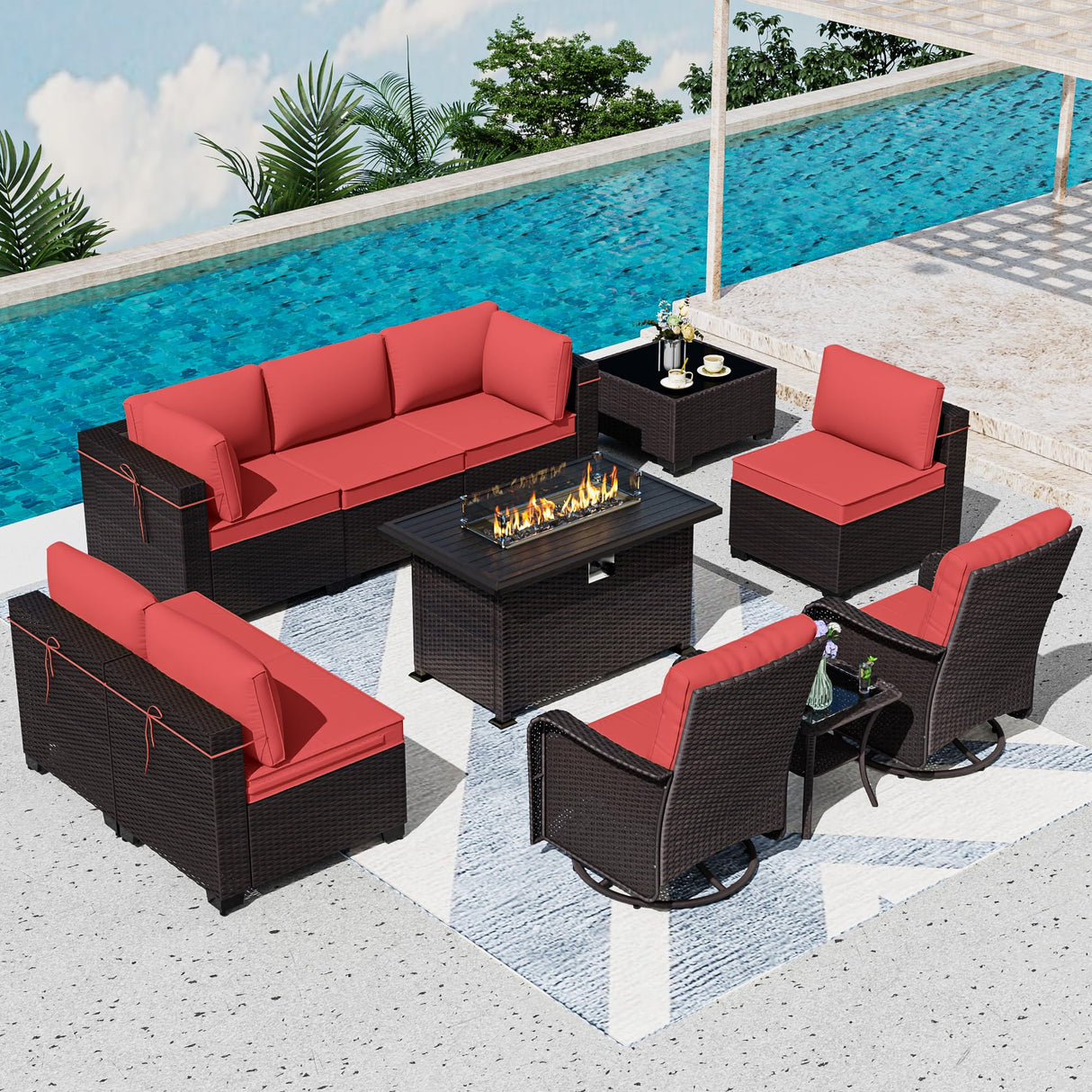 ASJMR 11 Pieces Patio Furniture Set with 2 Swivel Chairs Patio Furniture Outdoor Sectional Sofas with 55000 Gas Fire Pit Patio Conversation Set w/7-Cushions ASJMR