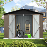 Lyngins 8x6 FT Outdoor Storage Shed, Metal Tool Shed with Lockable Doors, Peaked Roof & Frame Floor, Garden Shed with Vented Design for Backyard Garden Patio Lawn, Brown + Black Lyngins