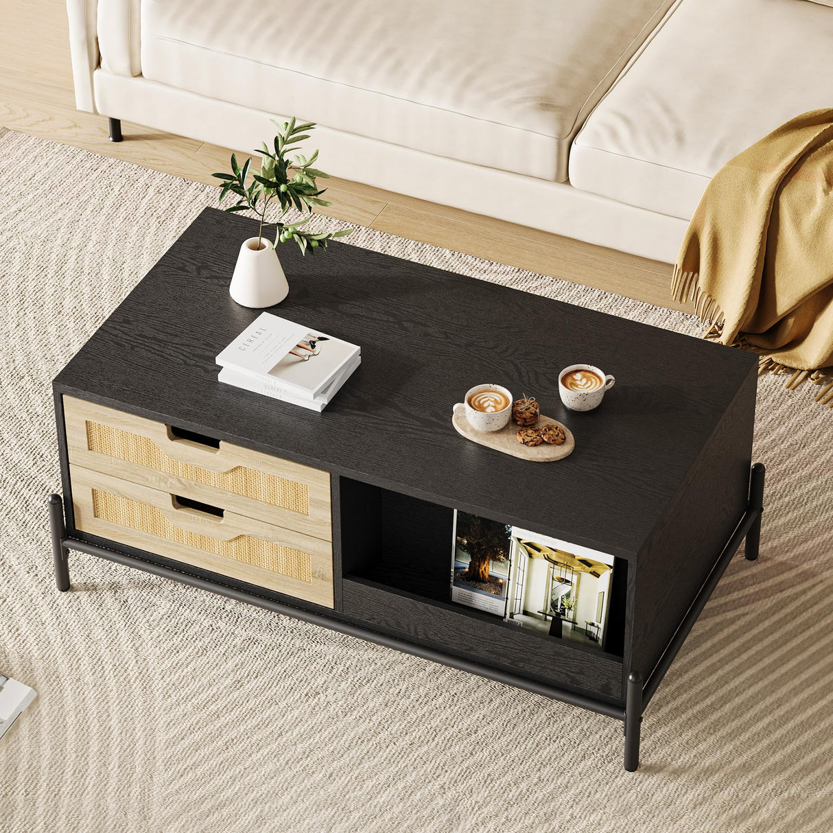 GAOMON Modern Coffee Table, 39.4" Rectangular Coffee Table with Nature Rattan Drawers and Storage Shelves, Funky Center Table with Led Lights, Black Cocktail Table for Living Room Apartment GAOMON