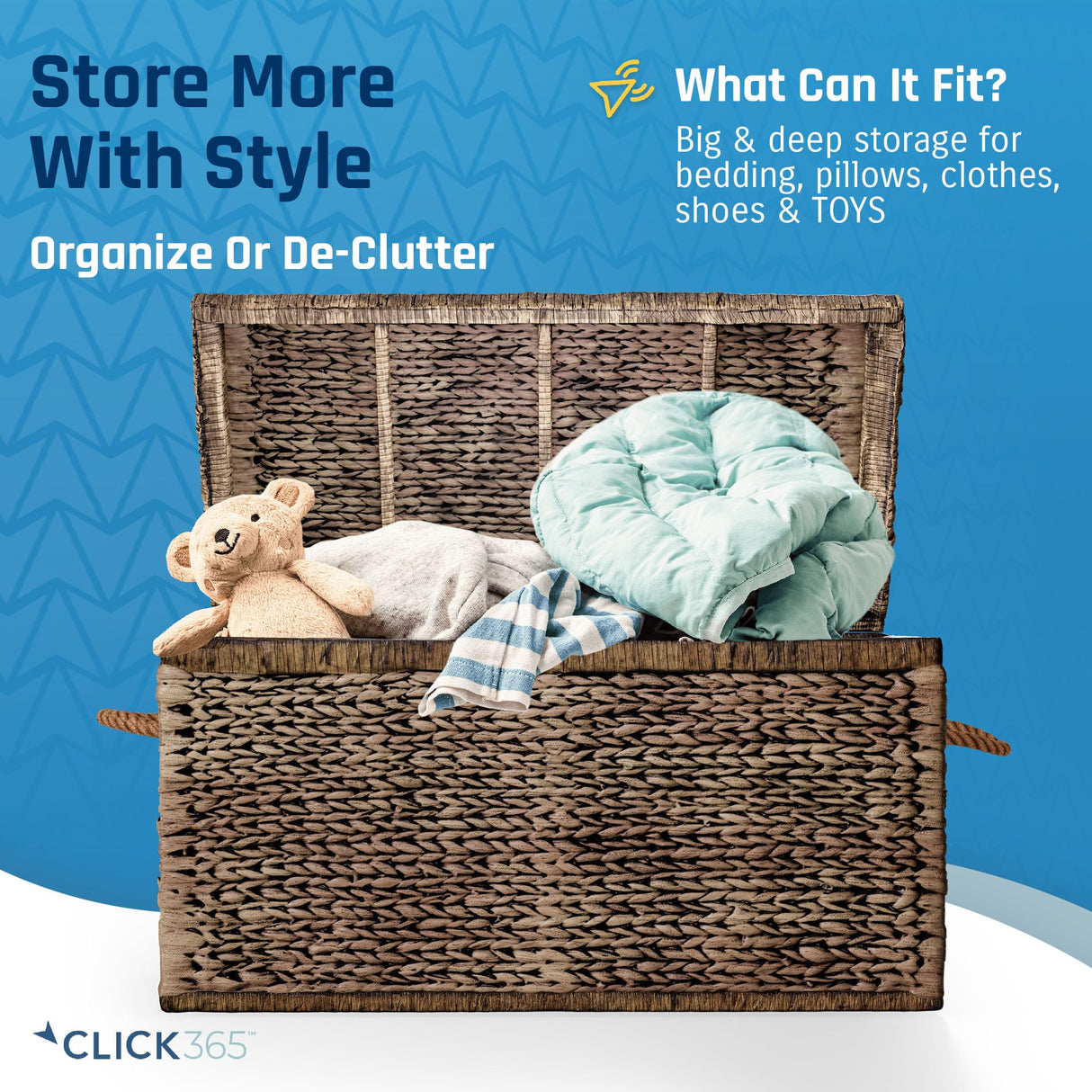 Click365 Storage Trunk, Farmhouse Style, Extra Large (33”), Deep, Woven Wicker Chest With Metal Frame, 2 Handles, Flip Top Lid and Stay Open Safety Hinges, Sustainable Eco Material, Rustic Brown ClickDecor